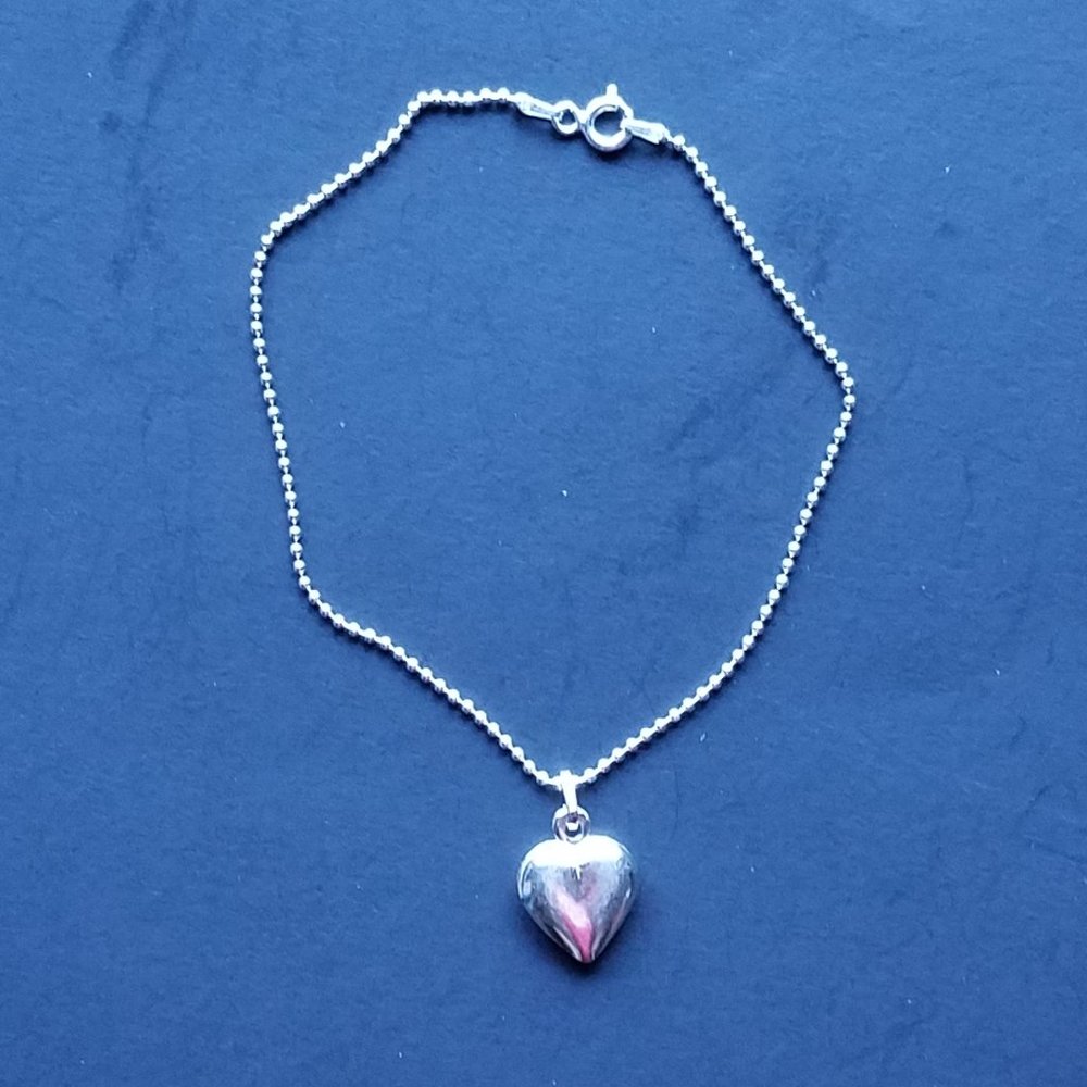 Anklet 925 Sterling Silver Chain and Puff Heart Charm